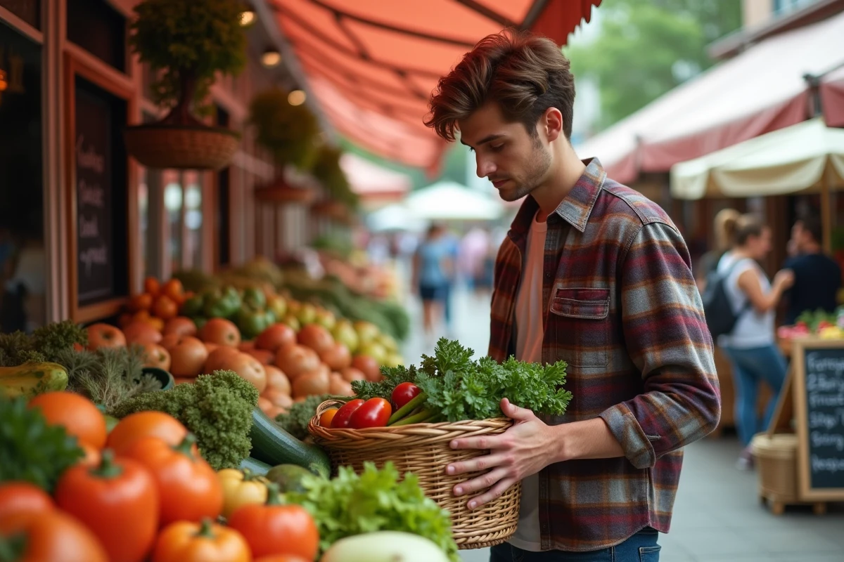 Jeune homme inspectant des produits bio au march&eacute; en plein air