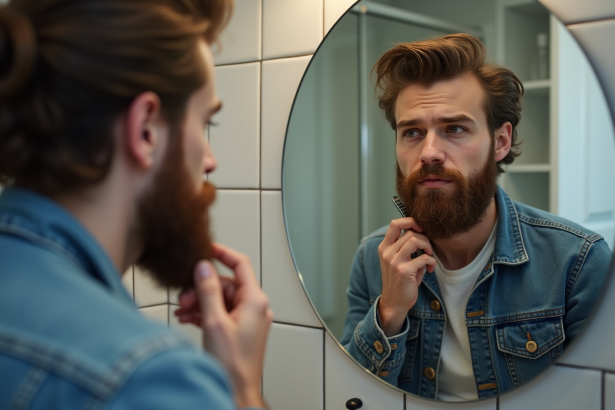 Jeune homme se coiffant la barbe dans sa salle de bain