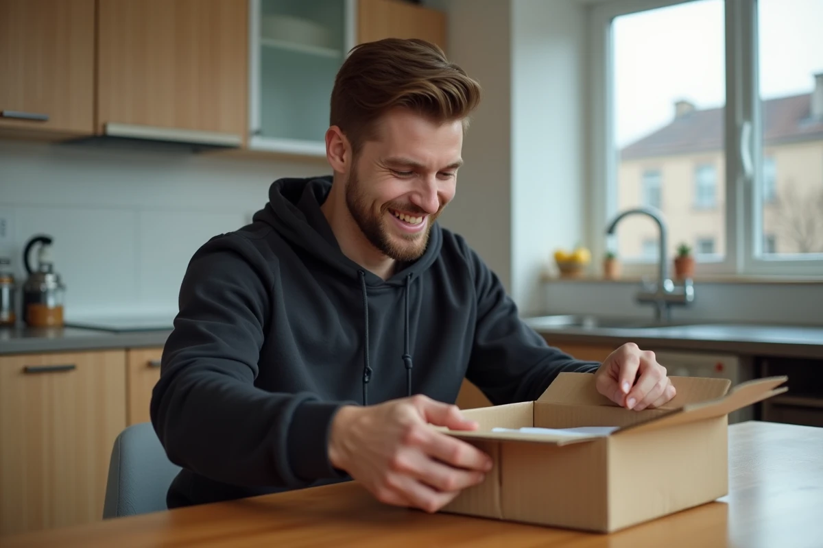 Jeune homme ouvrant un colis dans sa cuisine moderne