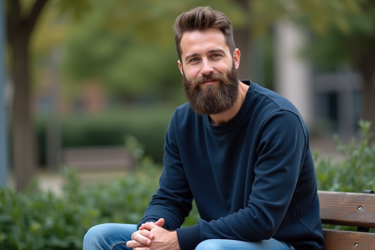 Jeune homme avec barbe dans un parc urbain en extérieur
