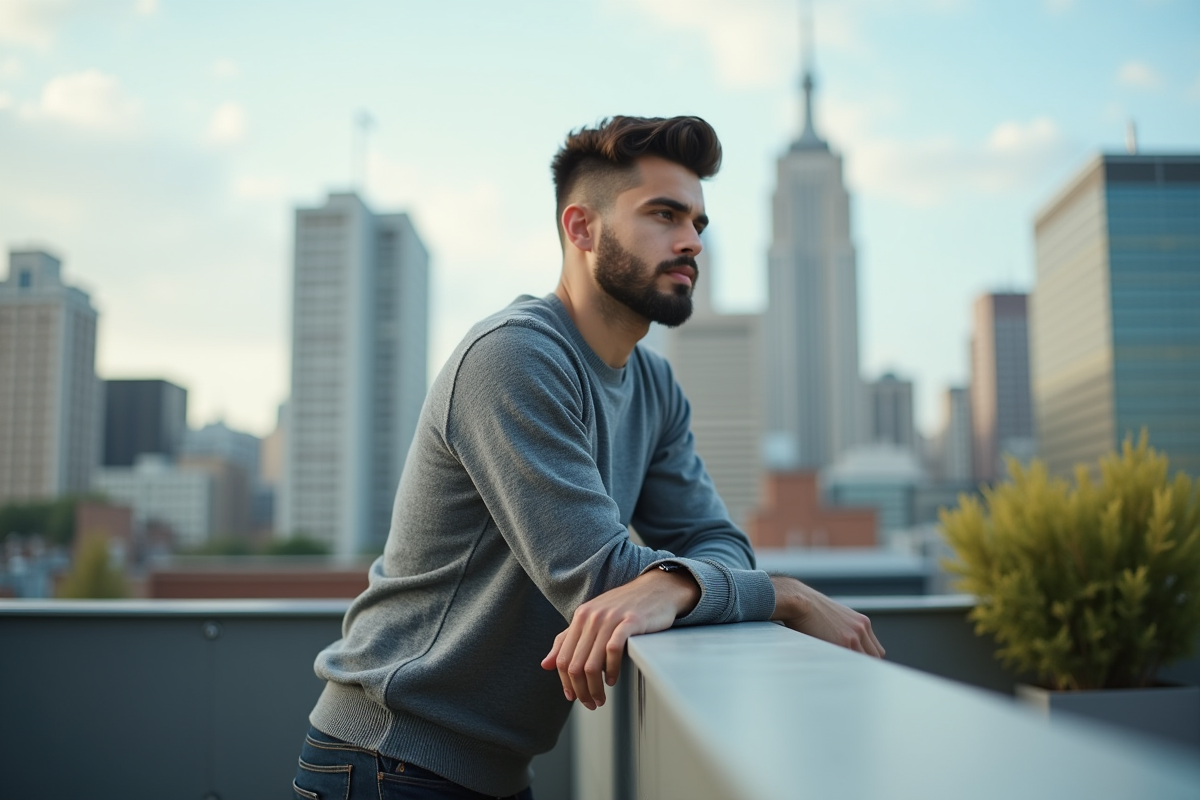 Jeune homme en sweat gris sur une terrasse urbaine