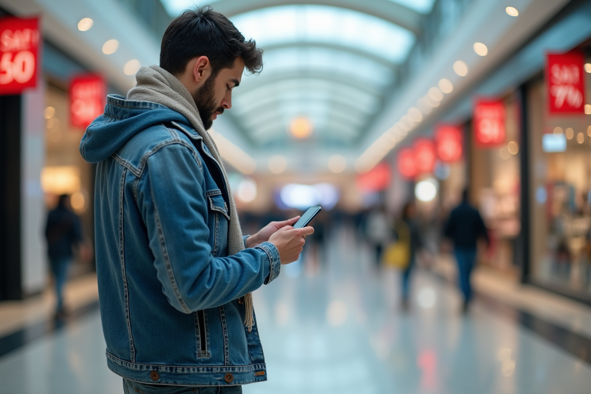 Jeune homme regardant son smartphone dans un centre commercial