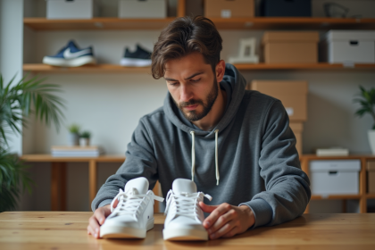 Jeune homme inspectant des sneakers dans un appartement lumineux