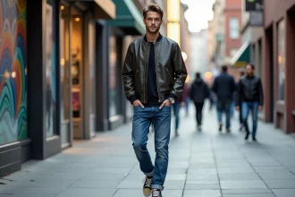 Jeune homme en streetwear urbain en marche