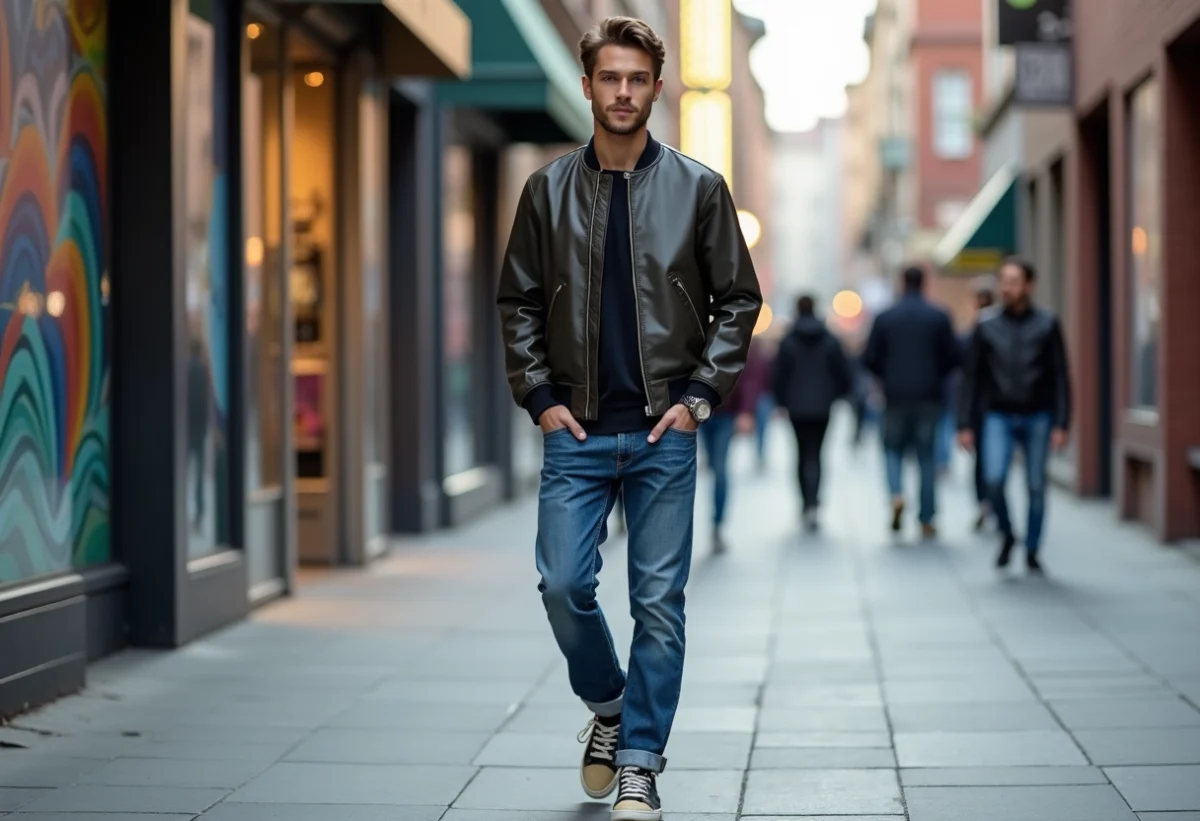 Jeune homme en streetwear urbain en marche