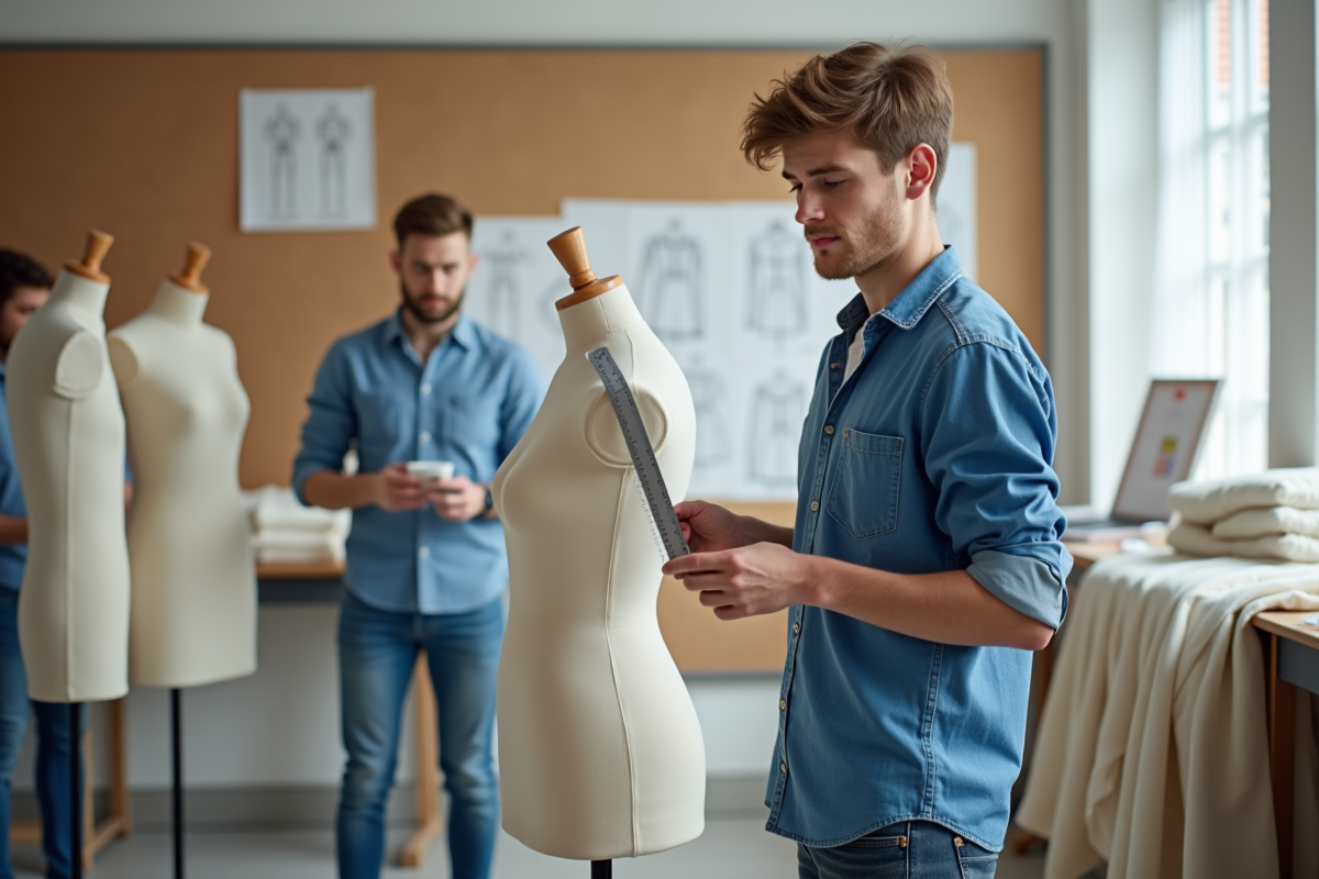 Jeune homme montre un ruban de couture à un mannequin
