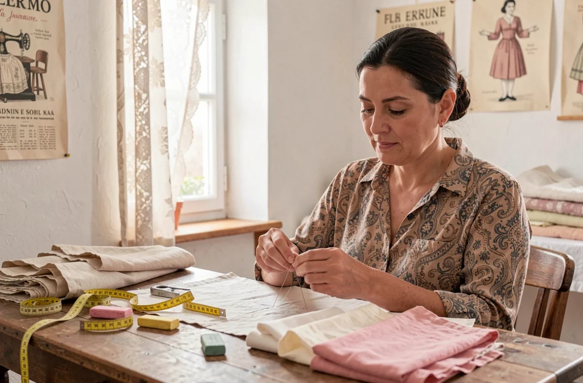 Couturière Laure Couture enfilant une aiguille avec concentration dans son atelier de retouche à Saint-Maximin-la-Sainte-Baume
