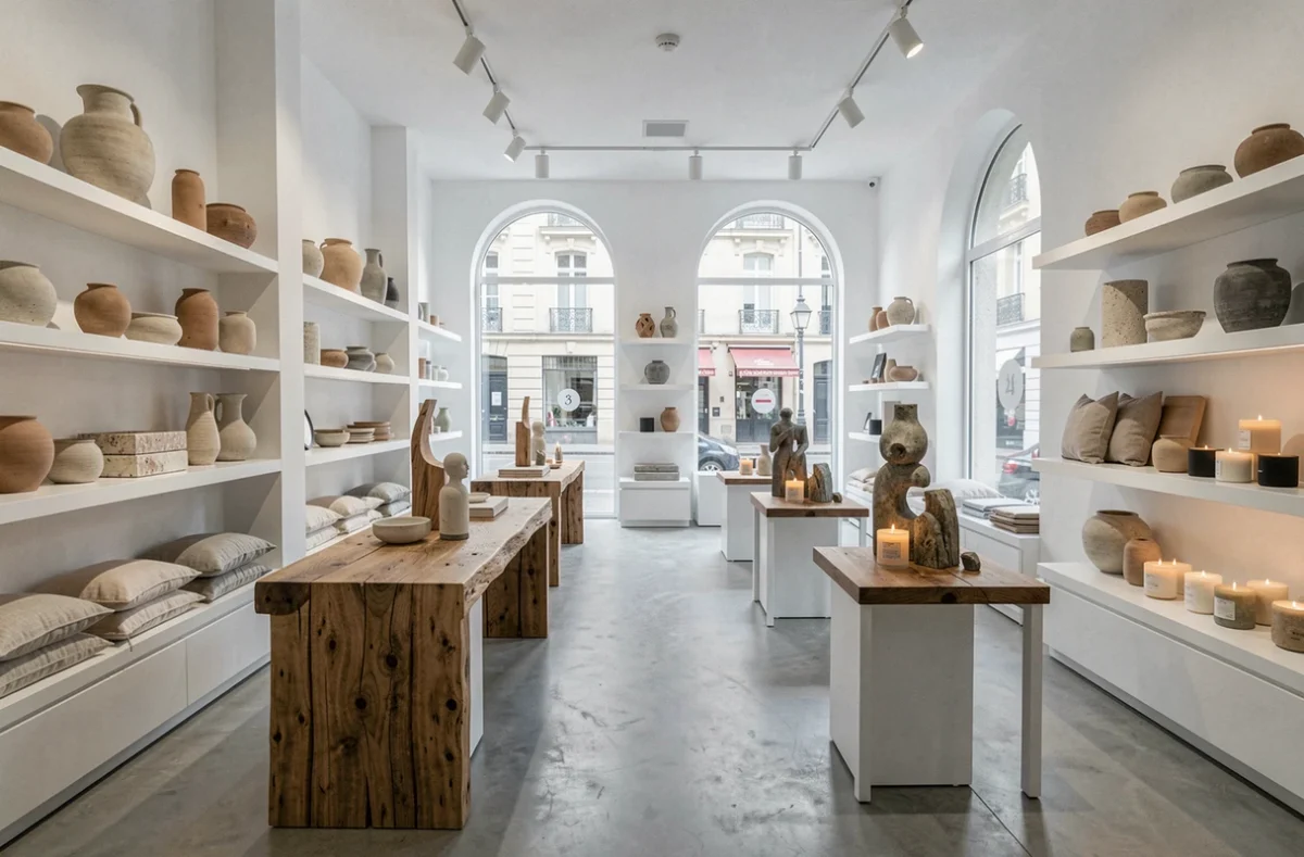 Le Bonendroi, concept store de décoration avec céramiques artisanales, coussins en lin et objets sculptés sur des étagères blanches épurées