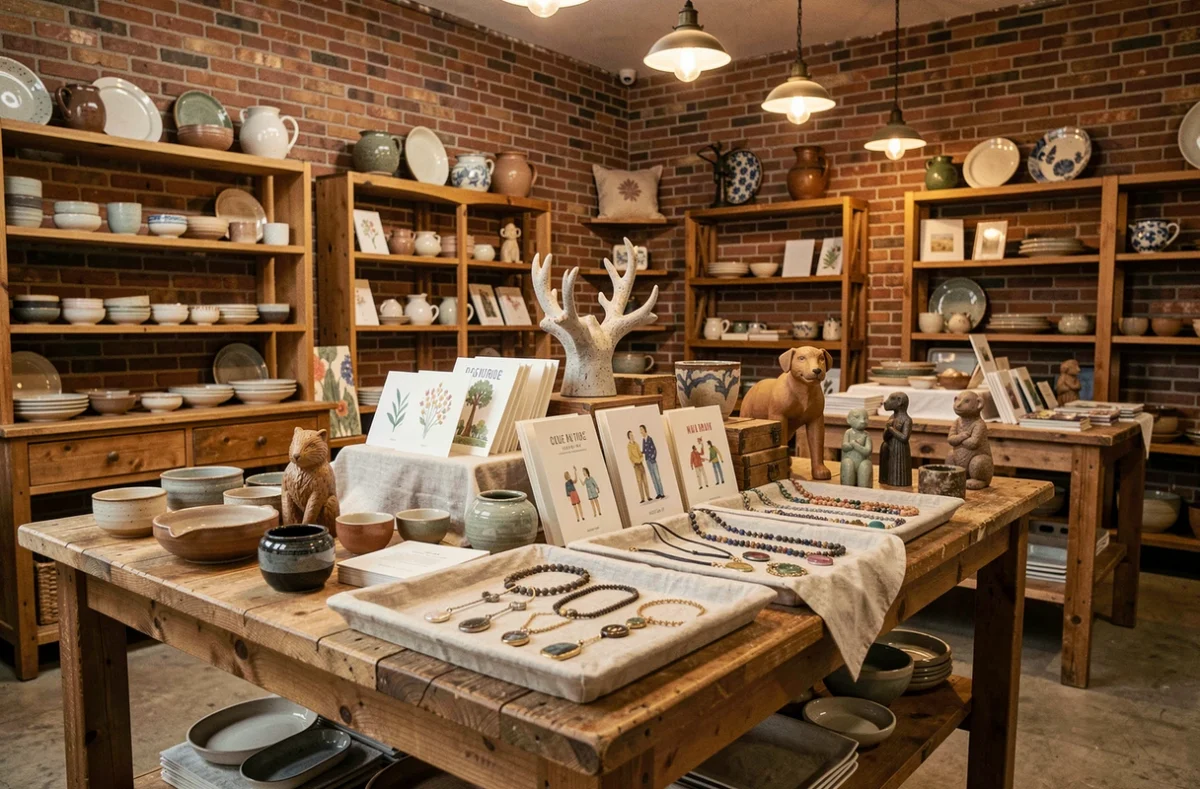 Le Cube, boutique de cadeaux avec céramiques locales, bijoux artisanaux et cartes illustrées exposés sur des tables en bois rustique