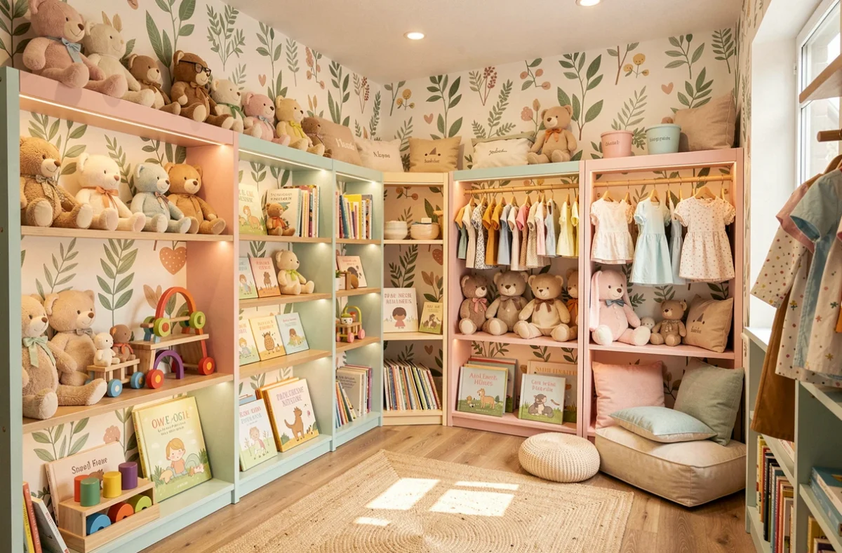 Le Petit Souk, concept store famille avec jouets en bois colorés, vêtements enfants artisanaux et coins lecture cosy sur des étagères pastel