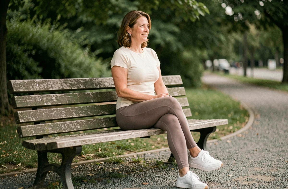Femme assise sur un banc en plein air portant un legging minceur taupe dans un cadre de parc urbain
