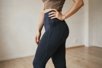 Femme portant un legging minceur marine ajusté, vue de trois quarts dans un intérieur minimaliste