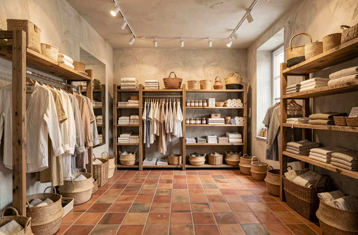 Intérieur de Little Green Cocoon, concept store éthique avec vêtements en lin naturel et créateurs engagés sur des étagères en bois recyclé