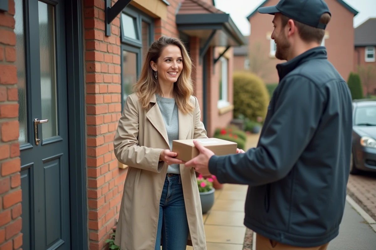 Femme recevant un colis d'un livreur dans une rue résidentielle