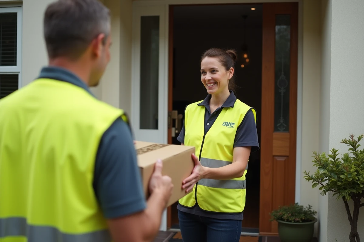 Livreuse en gilet haute visibilité personnalisé remettant un colis à domicile sur le pas d'une porte