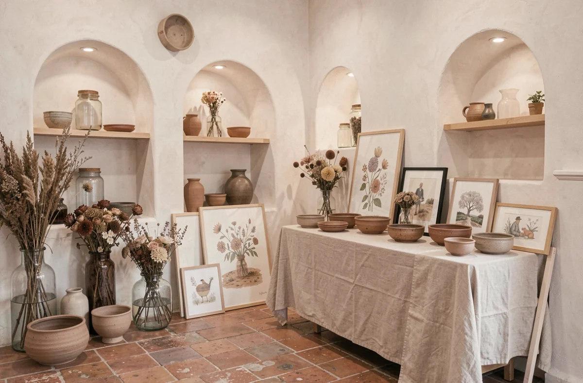Maison Onze, concept store de décoration poétique avec botaniques séchées, céramiques artisanales et objets inspirants dans un intérieur aux murs blanchis à la chaux