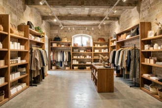 Intérieur d'un concept store tendance en Gironde avec des étagères de produits lifestyle et des vêtements artisanaux exposés