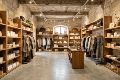 Intérieur d'un concept store tendance en Gironde avec des étagères de produits lifestyle et des vêtements artisanaux exposés