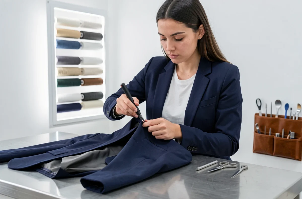 Spécialiste de Melissa Retouche utilisant un découd-vite sur la doublure d'une veste structurée dans un studio de retouche moderne à Aix-en-Provence