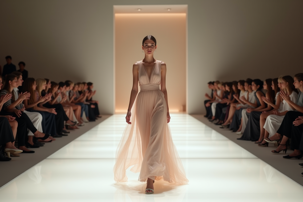 Modèle moderne défilant en robe haute couture contemporaine