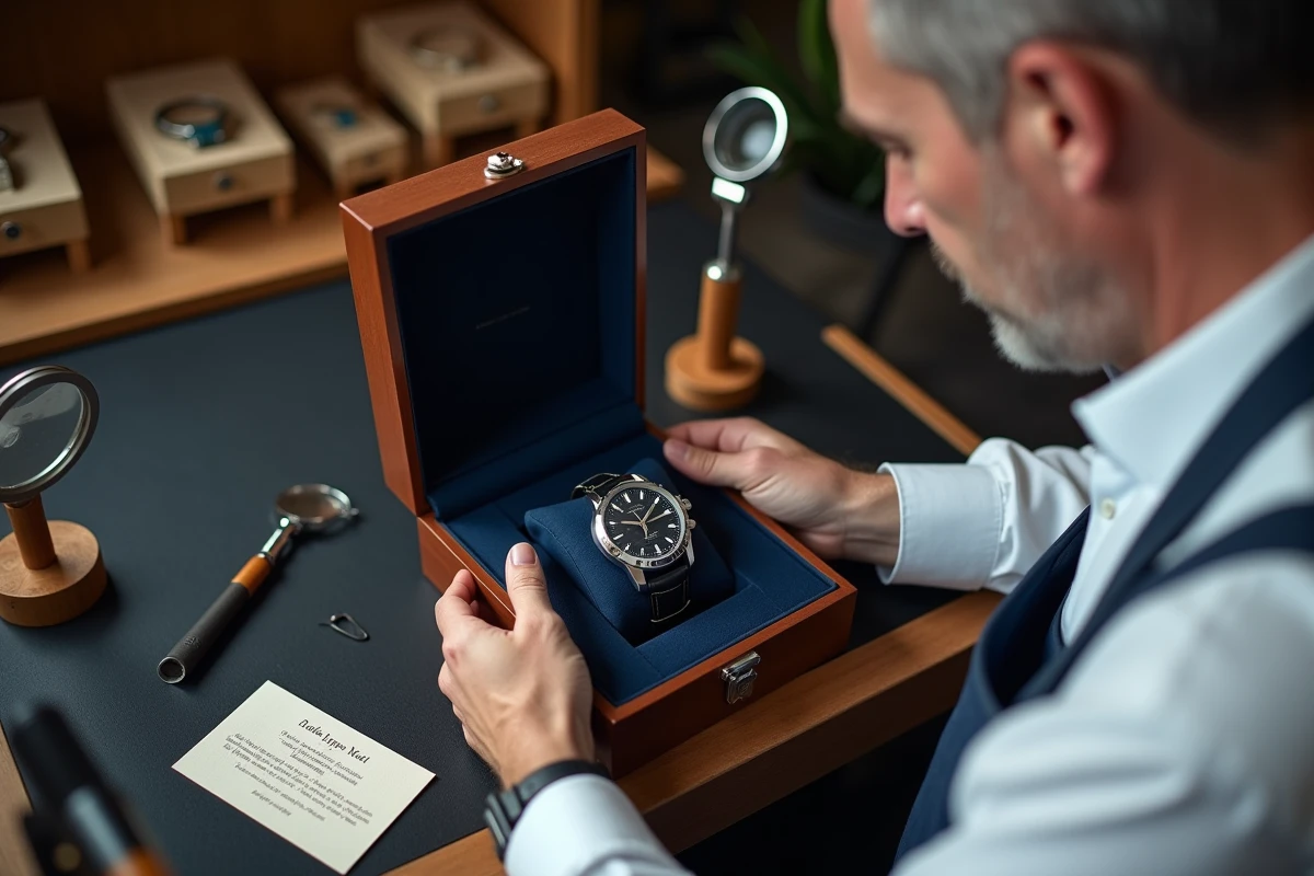Artisan horloger déposant une montre gravée personnalisée dans un écrin de luxe avec un message manuscrit