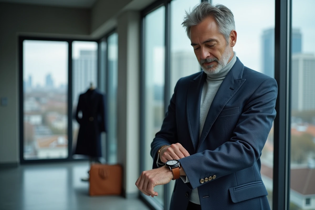 Homme élégant attachant une montre personnalisée à son poignet dans un intérieur urbain minimaliste