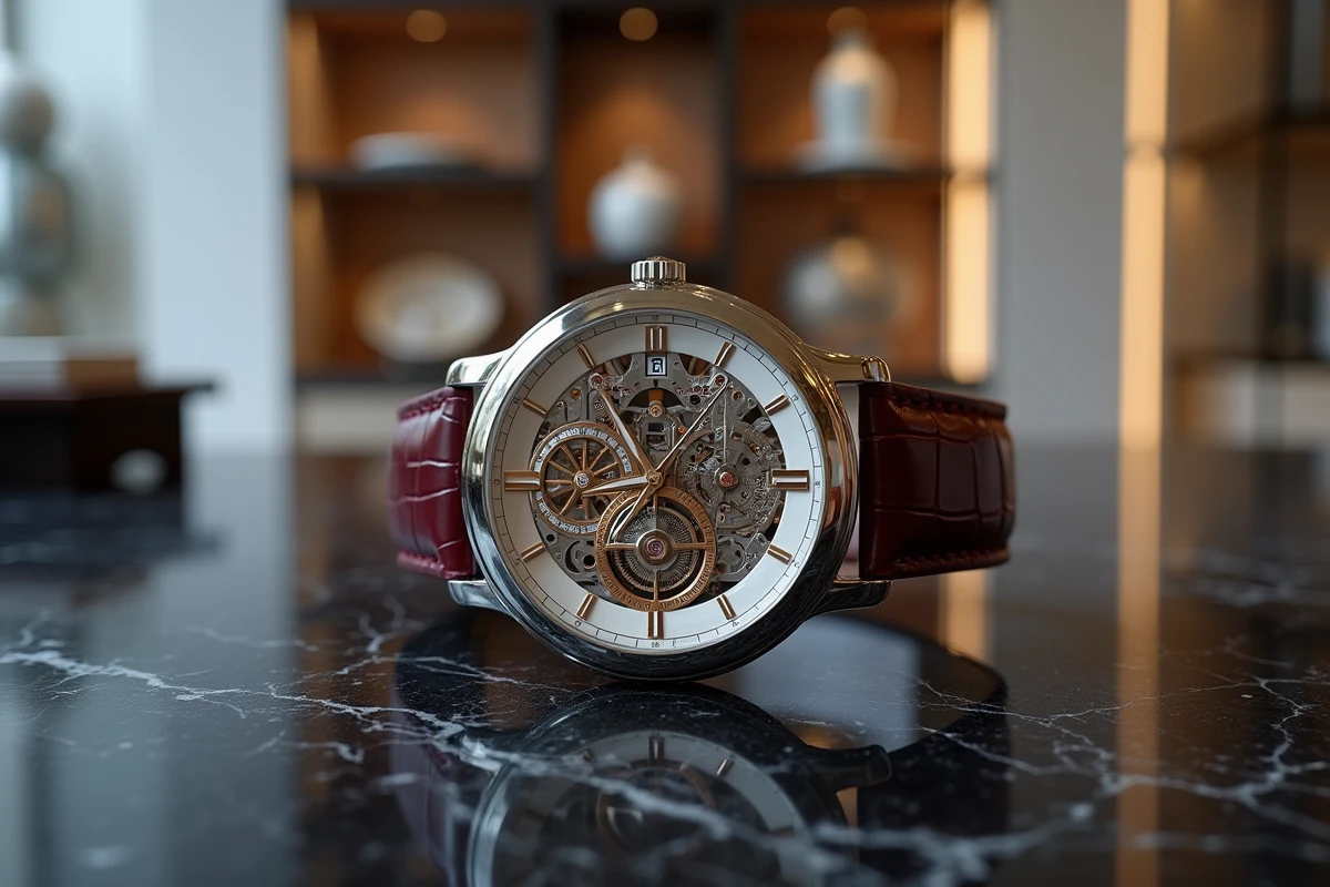 Montre mécanique squelettée de luxe avec tourbillon sur surface en granit noir dans une boutique haut de gamme