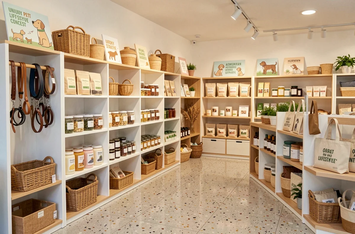 Muzon, concept store pour chiens et humains avec colliers en cuir, accessoires design pour animaux et produits lifestyle sur des étagères épurées