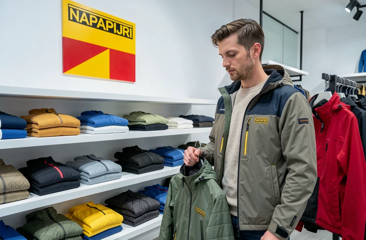 Magasin Napapijri à Toulouse avec ses vestes techniques et ses doudounes exposées sur des étagères épurées, un client examinant un manteau packable dans un intérieur au design minimaliste