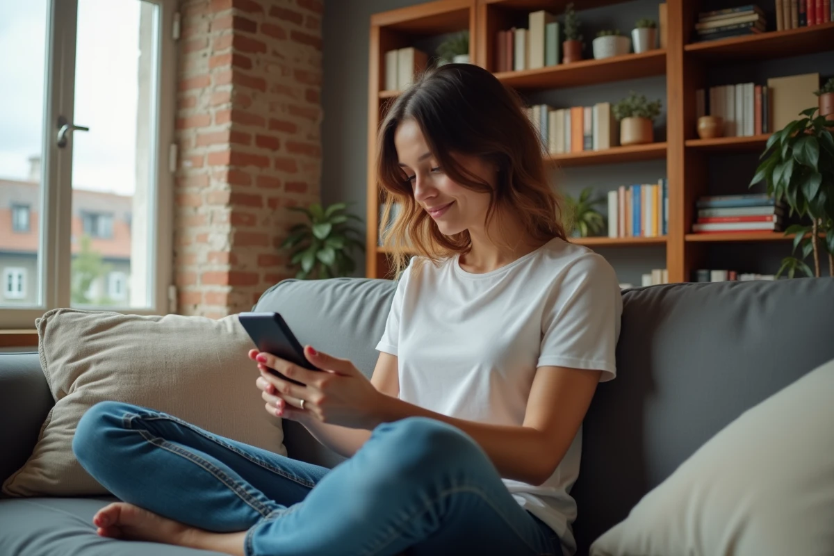 Jeune femme naviguant sur un site web depuis son smartphone dans un salon parisien