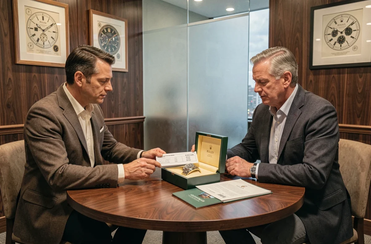 Deux hommes négociant l'achat d'une Rolex Daytona avec boîte et papiers dans une salle de consultation privée
