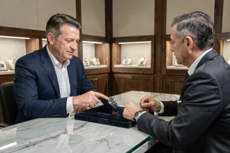 Homme négociant le prix d'une Rolex Daytona avec un revendeur professionnel dans une boutique de montres de luxe