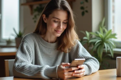 Femme négociant les frais de port sur l'application Vinted depuis son domicile