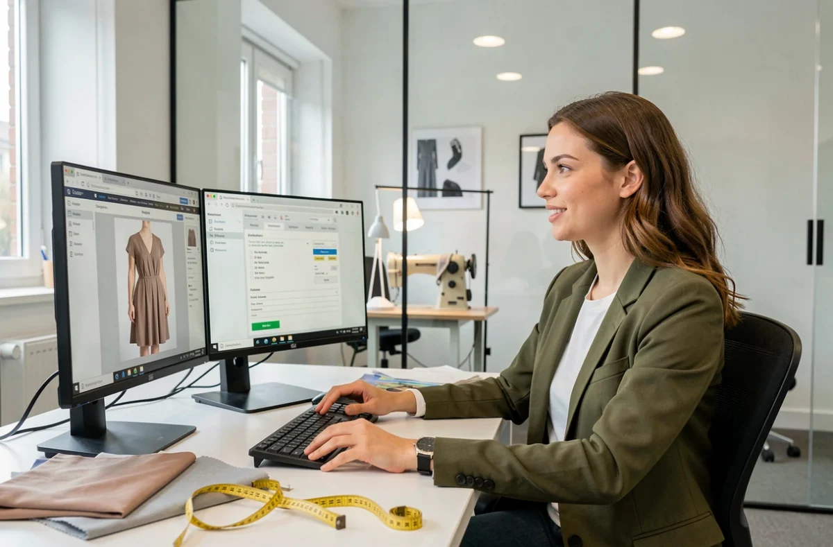 Entrepreneuse de New Touch travaillant sur les commandes en ligne et en boutique depuis un espace hybride moderne avec écrans de retouche numérique et machine à coudre en arrière-plan
