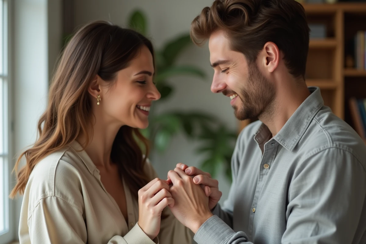 Femme offrant une bague Cartier Love à son compagnon dans un appartement cosy