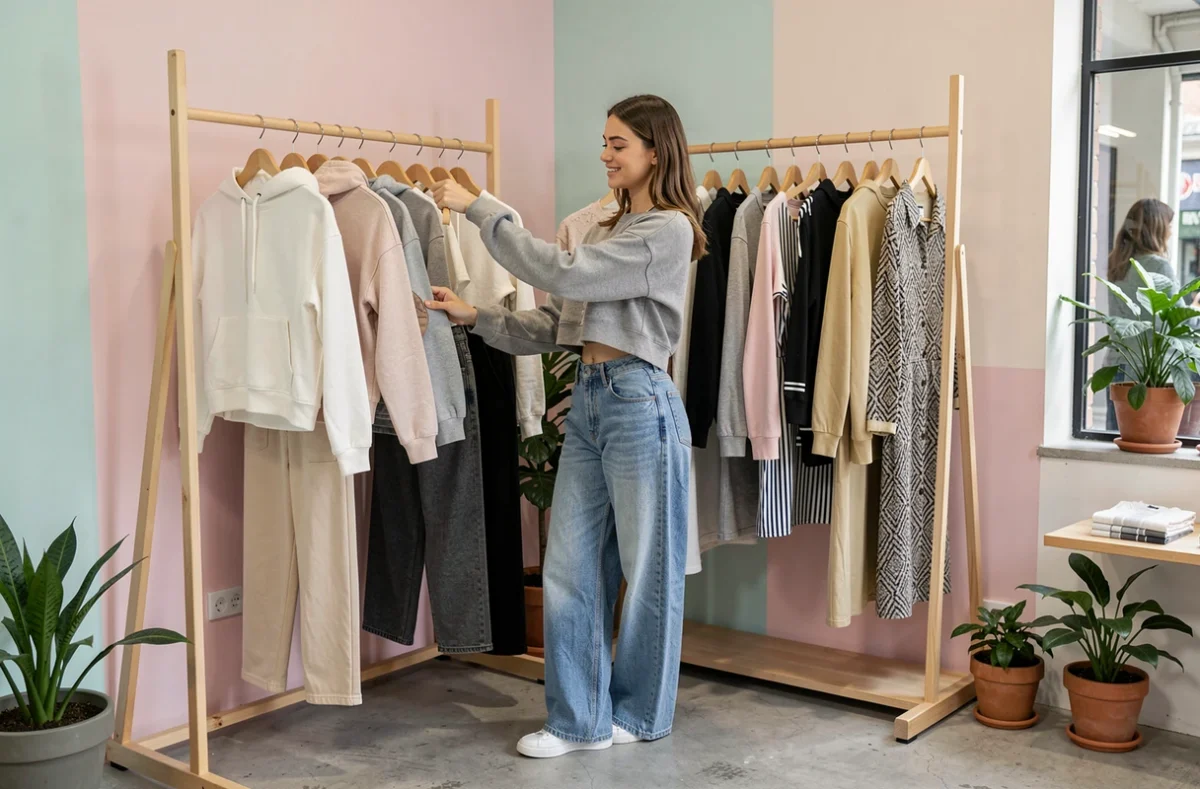 Boutique Okla Girl à Toulouse avec ses vêtements streetwear féminins sur des portants en bois, une cliente souriante parcourant les collections dans un espace épuré aux accents végétaux