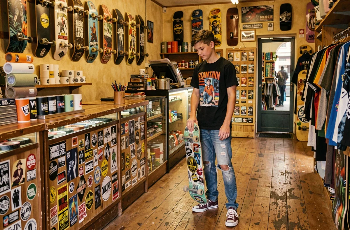 Intérieur de l'Okla Skateshop à Toulouse avec des planches de skate accrochées au mur, des accessoires exposés et un jeune client tenant un skateboard complet