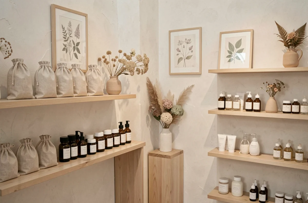 ØMM concept store bien-être minimaliste avec produits de soin biologiques, diffuseurs en céramique et linge neutre sur des étagères en chêne clair