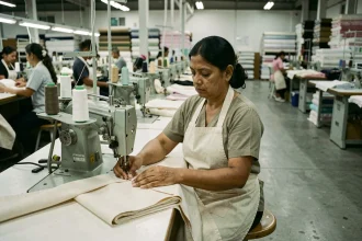 Ouvrière travaillant sur une machine à coudre industrielle dans une usine textile, illustrant les conditions de fabrication des vêtements Zara