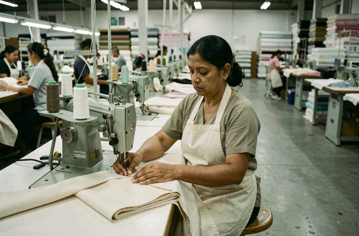 Ouvrière travaillant sur une machine à coudre industrielle dans une usine textile, illustrant les conditions de fabrication des vêtements Zara