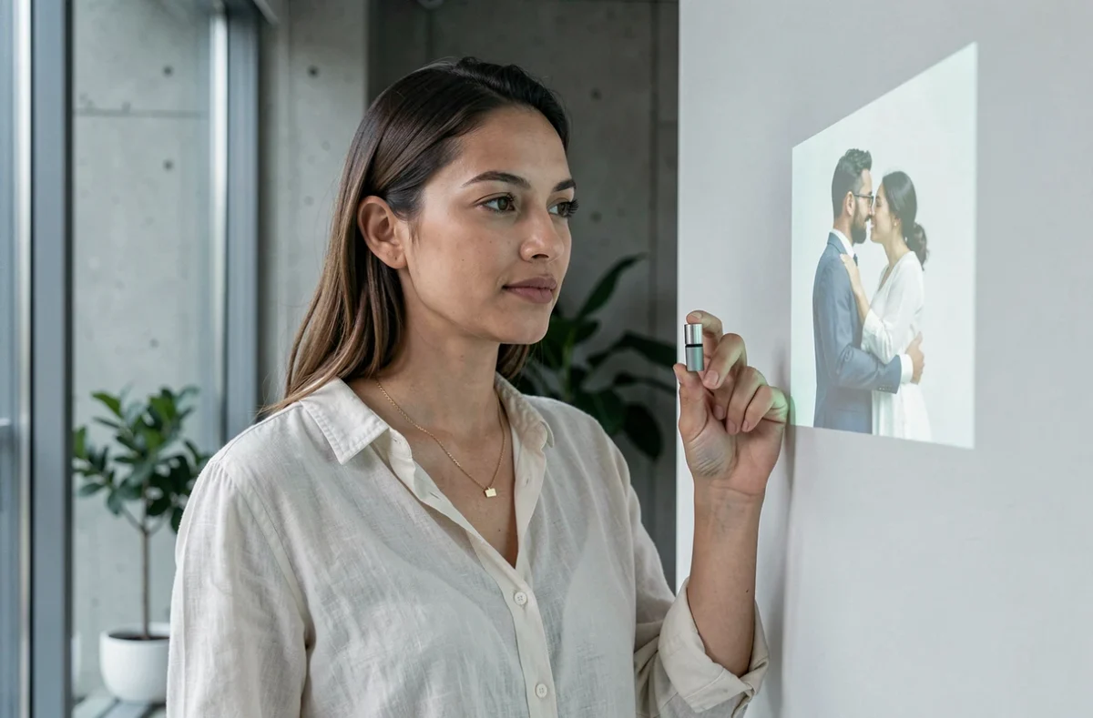 Femme portant un collier pendentif à projection photo projetant une image de couple sur un mur blanc dans un appartement moderne