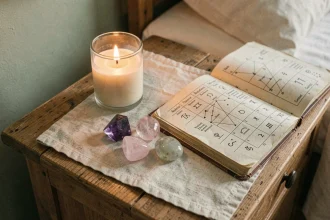 Pierres précieuses amethyste quartz rose et pierre de lune posées sur une table de chevet en bois avec un journal astrologique et une bougie pour favoriser le sommeil