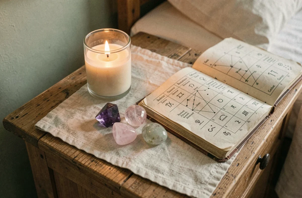 Pierres précieuses amethyste quartz rose et pierre de lune posées sur une table de chevet en bois avec un journal astrologique et une bougie pour favoriser le sommeil