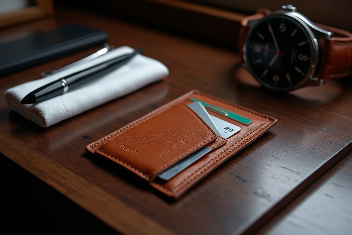 Porte-carte en cuir cognac ouvert avec montre mécanique et accessoires masculins sur une surface en bois de noyer