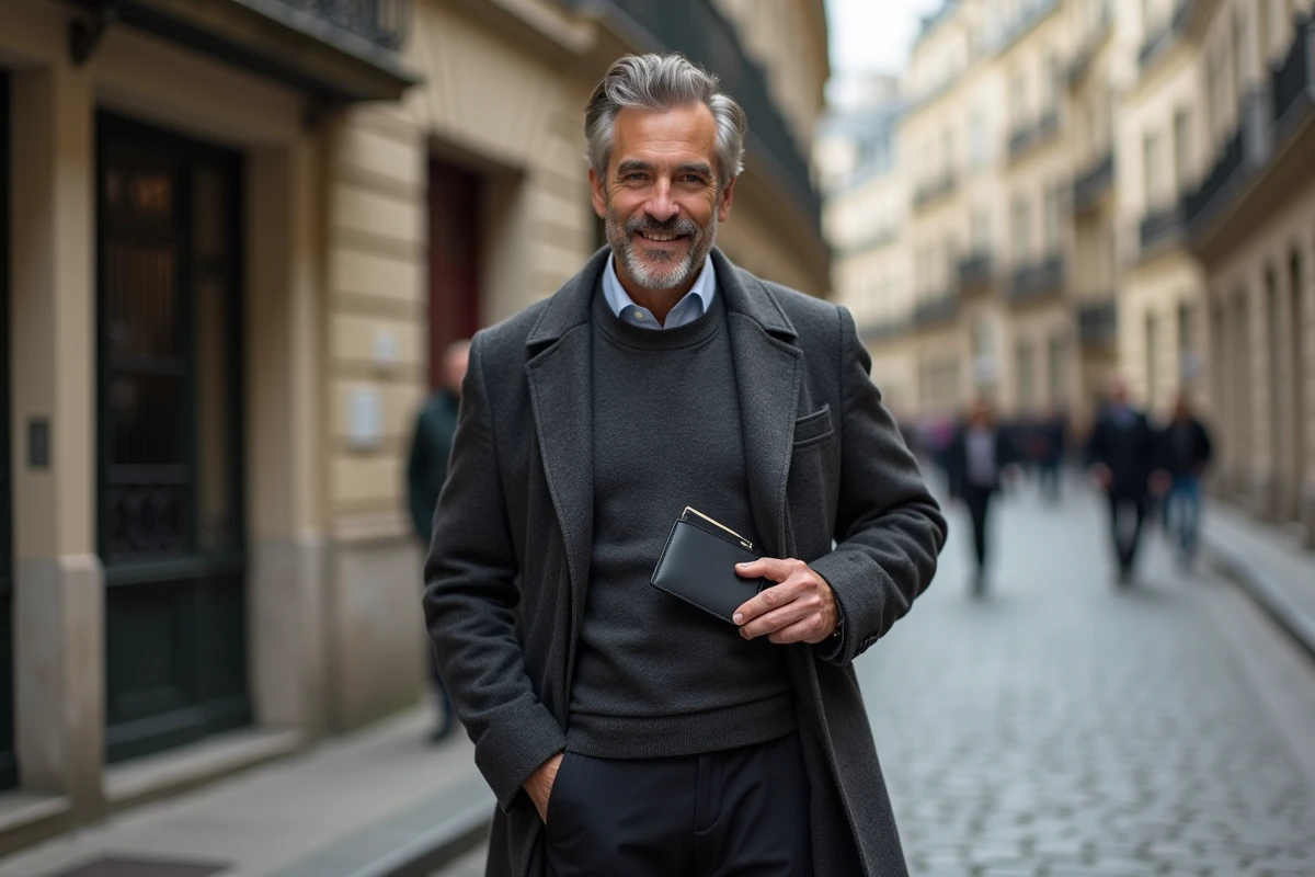 Homme en manteau en laine glissant un porte-carte en cuir noir dans sa veste dans une rue pavée européenne