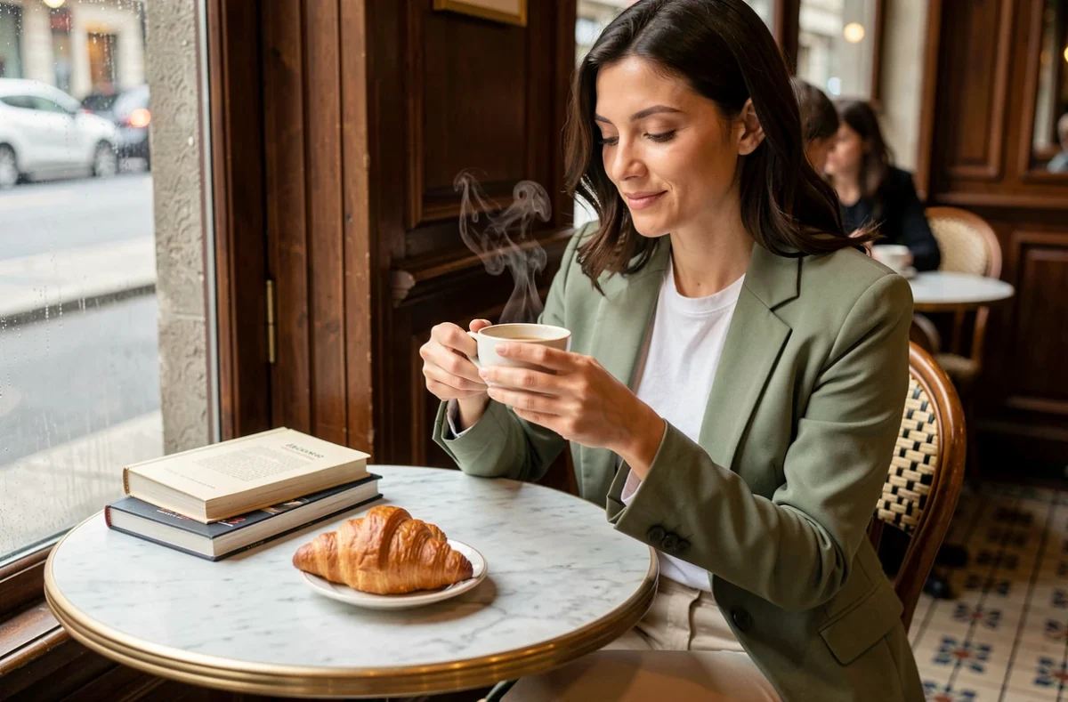 Portrait intimiste d'une femme en blazer vert sauge attablée dans un café parisien avec carrelage mosaïque, style photographie éditoriale douce à la Anna Dray
