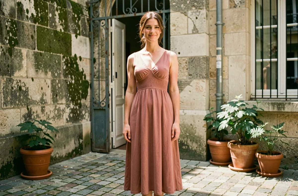 Portrait en pied d'une jeune femme en robe rose poudré dans une cour parisienne pavée aux murs en pierre calcaire, ambiance éditoriale douce inspirée d'Anna Dray