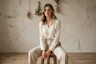 Portrait éditorial hyper-réaliste d'une jeune femme en tenue linen crème dans un studio parisien minimaliste aux murs en plâtre brut, style Anna Dray