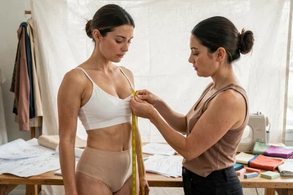 Femme se faisant prendre ses mensurations de tour de poitrine avec un mètre ruban jaune dans un atelier de couture