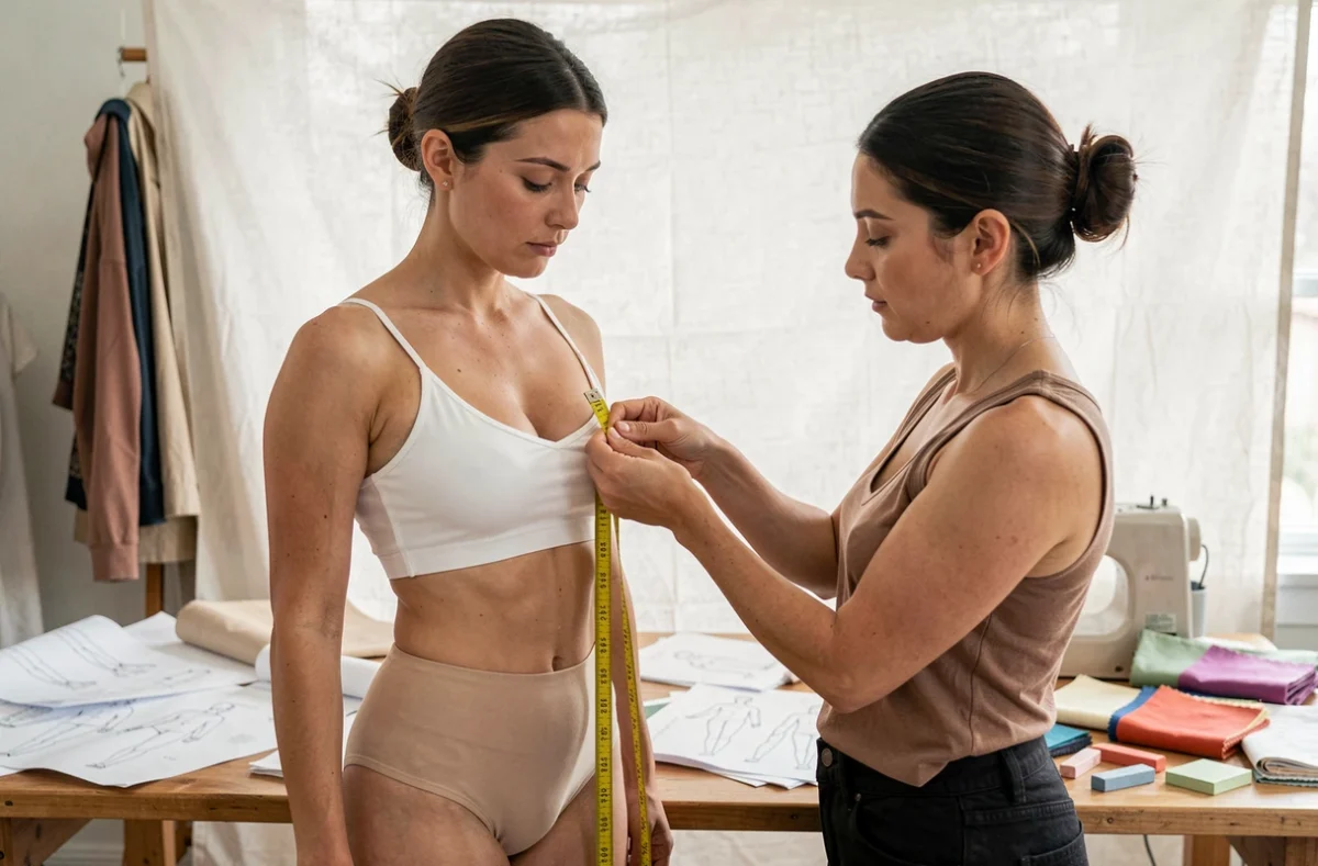 Femme se faisant prendre ses mensurations de tour de poitrine avec un mètre ruban jaune dans un atelier de couture